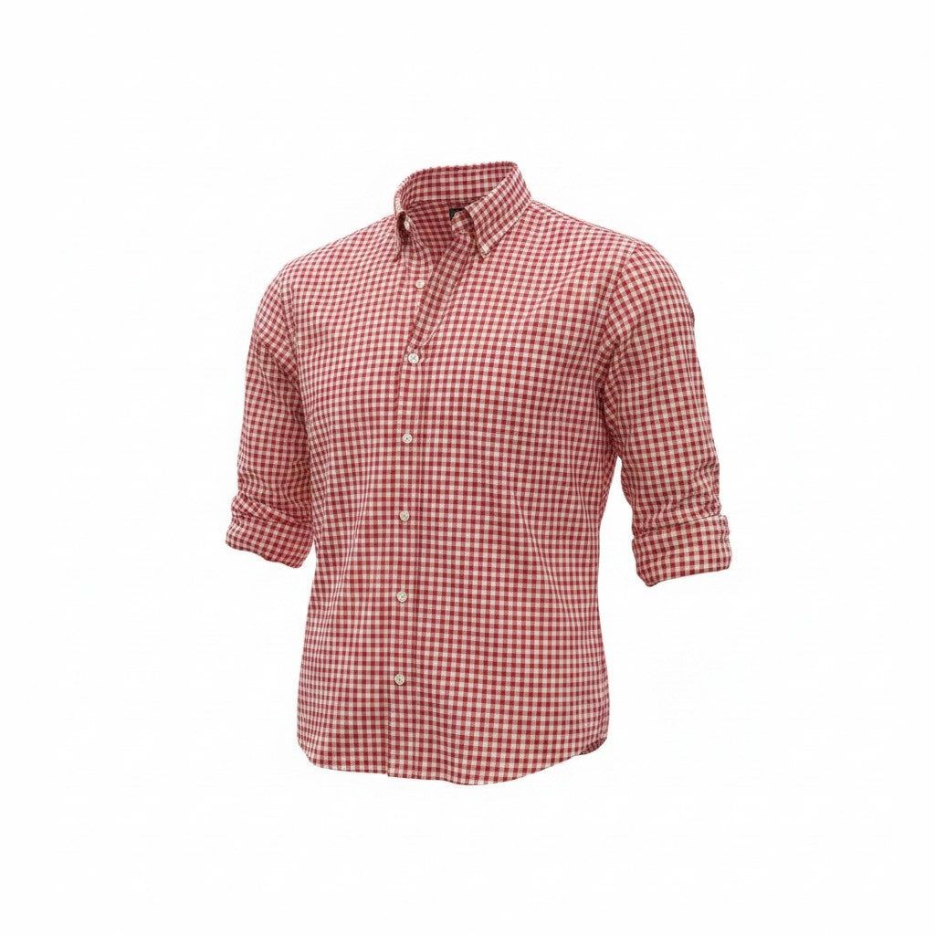 The FRANK & EILEEN Finbar Men's Button Up Shirt in Red and White Check features Italian cotton, a collar, and rolled-up sleeves, shown on a white background.