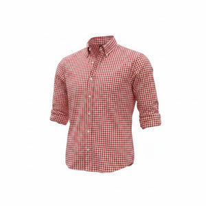 The FRANK & EILEEN Finbar Men's Button Up Shirt in Red and White Check features Italian cotton, a collar, and rolled-up sleeves, shown on a white background.