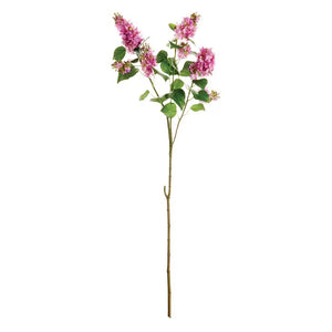 The NAPA HOME AND GARDEN - GARDEN LILAC BRANCH 37" features a slender stem with clusters of vibrant, authentic-looking pink flowers and green leaves, creating a balanced and elegant appearance against a plain white background.
