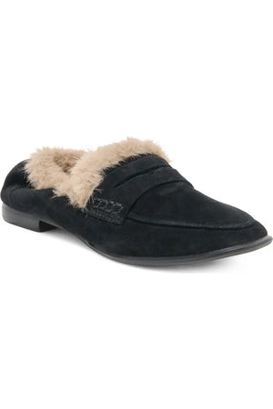 DOLCE VITA - CLOEY PLUSH LOAFERS IN ONYX SUEDE: black suede penny loafer with a collapsible heel and tan faux shearling lining.