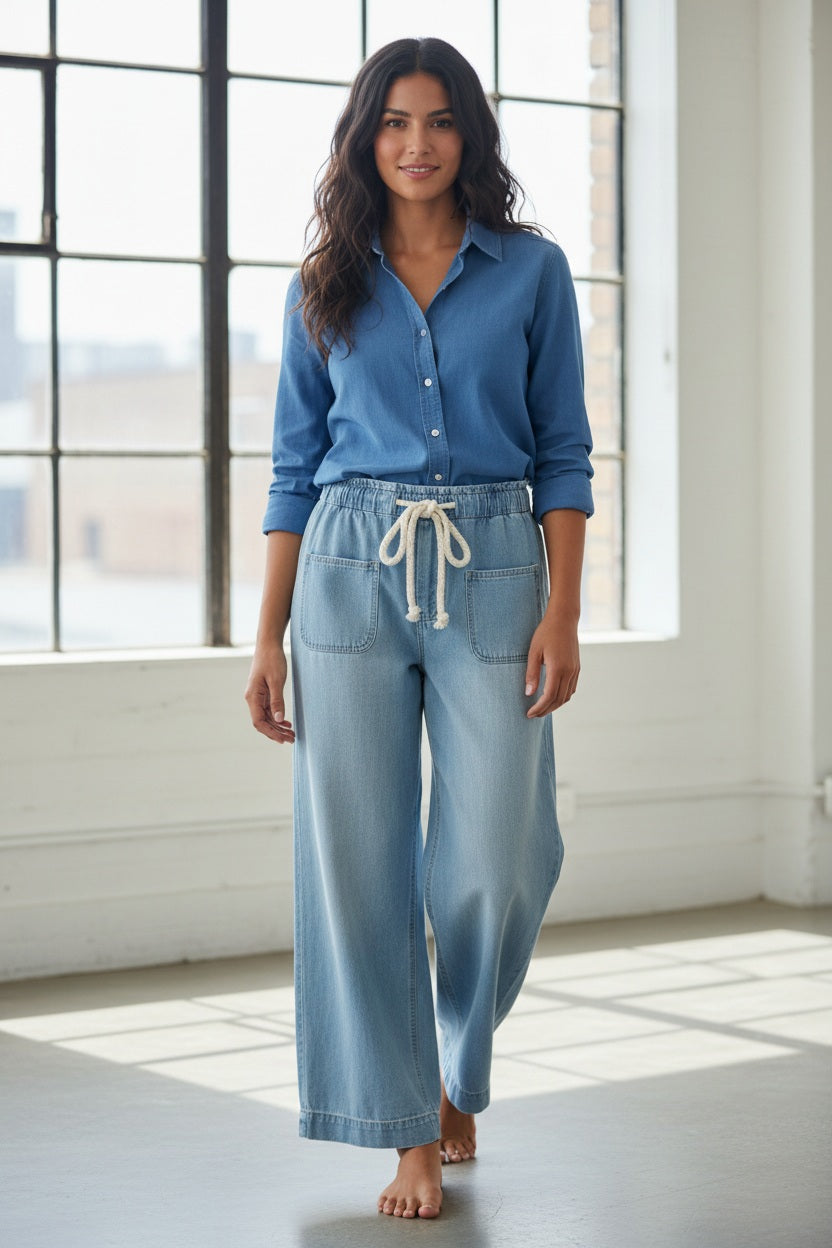 Wearing MERSEA's LONDONBERRY Drawstring Supersoft Denim Pant with wide legs and large front pockets, paired with a light grey top, gold jewelry, and brown sandals, a person poses against a plain light background.