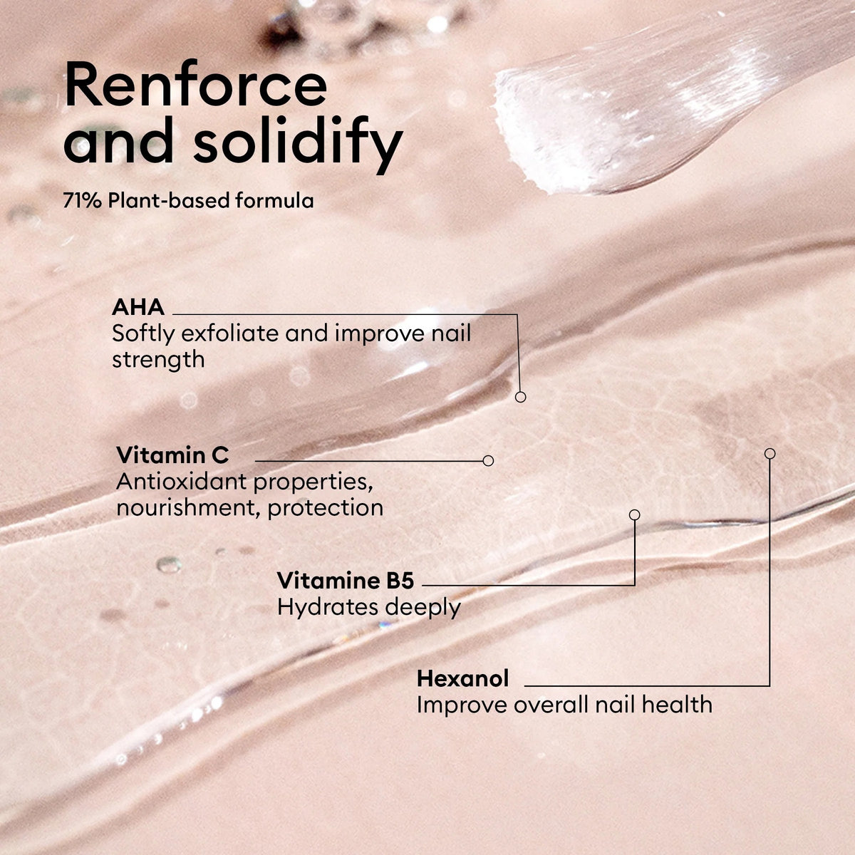 A close-up of the MANUCURIST - S.O.S. NAIL STRENGTHENER BASE COAT by MANUCURIST INC being applied, with text highlighting AHA for exfoliation, Vitamin C for protection, Vitamin B5 for hydration, and Hexanol for repair. Soft pink leaf background.