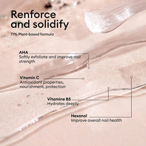 A close-up of the MANUCURIST - S.O.S. NAIL STRENGTHENER BASE COAT by MANUCURIST INC being applied, with text highlighting AHA for exfoliation, Vitamin C for protection, Vitamin B5 for hydration, and Hexanol for repair. Soft pink leaf background.