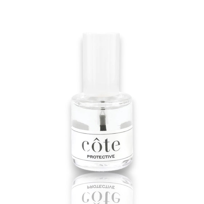 A small clear bottle with a white cap containing nail polish. The label on the bottle reads "COTE - PROTECTIVE BASE &amp; TOP COAT" in black text. The bottle has a simple, elegant design, perfect for any nail care routine.
