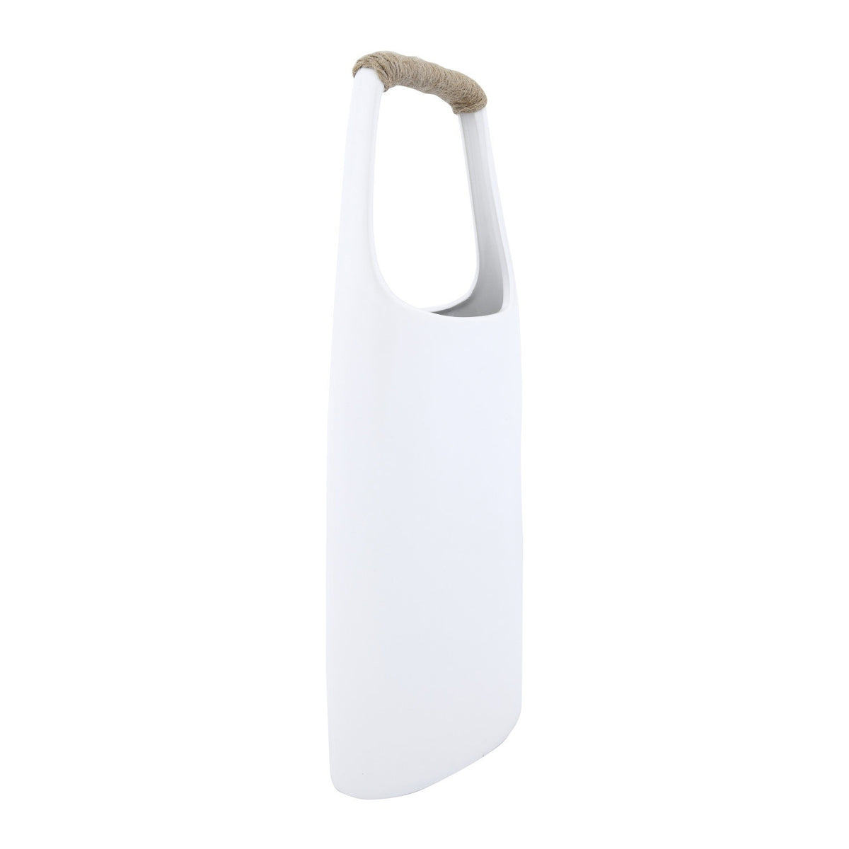 The CREATIVE COOP STONEWARE VASE WITH RATTAN WRAPPED HANDLE in white features a tall, minimalist design with a narrow neck and a rattan-wrapped handle, making it a striking decorative accent for any space.