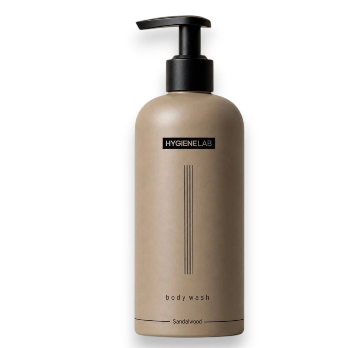 A beige bottle of HYGIENELAB BODY WASH, SANDALWOOD features a black pump dispenser and showcases a minimalist label with vertical lines and black text. The moisturizing formula contains natural ingredients, and the design clearly indicates the sandalwood scent on the front.