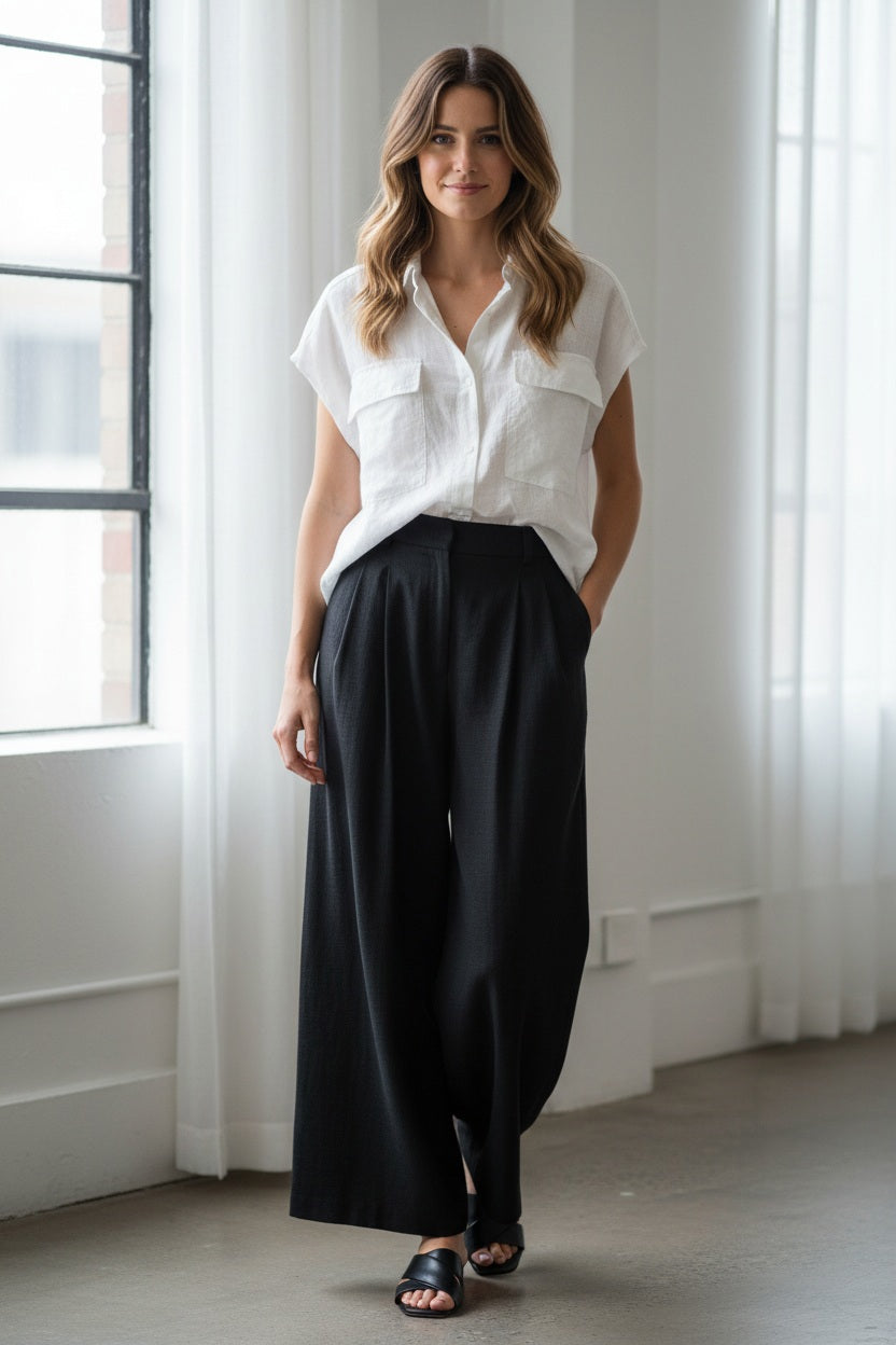 A woman with long blonde hair models the MOMONI SLEEVELESS LINEN SHIRT, a loose-fitting, garment-dyed white button-up with two front pockets, paired with black pants, standing against a plain light background.