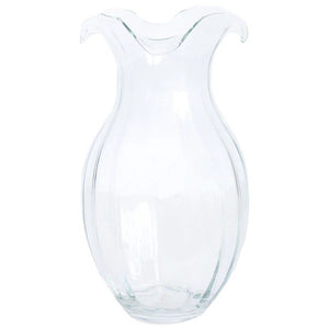 The VIETRI Hibiscus Vertical Flute Vase Large features a clear, rounded body with a wide, flared scalloped rim and stands on a flat base against a white background.