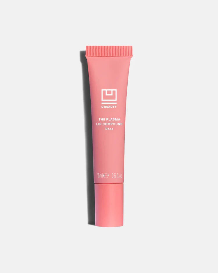 A 15ml tube of U BEAUTY THE PLASMA LIP COMPOUND, featuring white text and logo on the front, is shown upright on a white background.