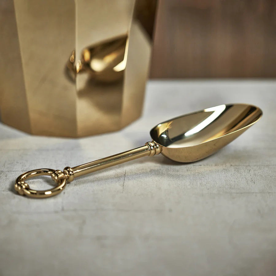 The ALESSIA GOLD ICE SCOOP by ZODAX gleams with its shiny gold finish and features a rounded handle measuring 10 inches. The handle ends in a circular ring, adding an elegant touch to the design, as it lies on a plain white background.