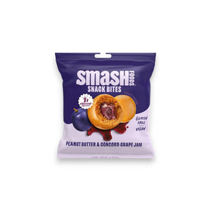 CHIA SMASH’s Peanut Butter and Concord Grape Snack Bites offer a protein-rich, gluten-free, vegan treat with 8g of protein. Made with upcycled fruit, the packaging features a plum and snack bite image.