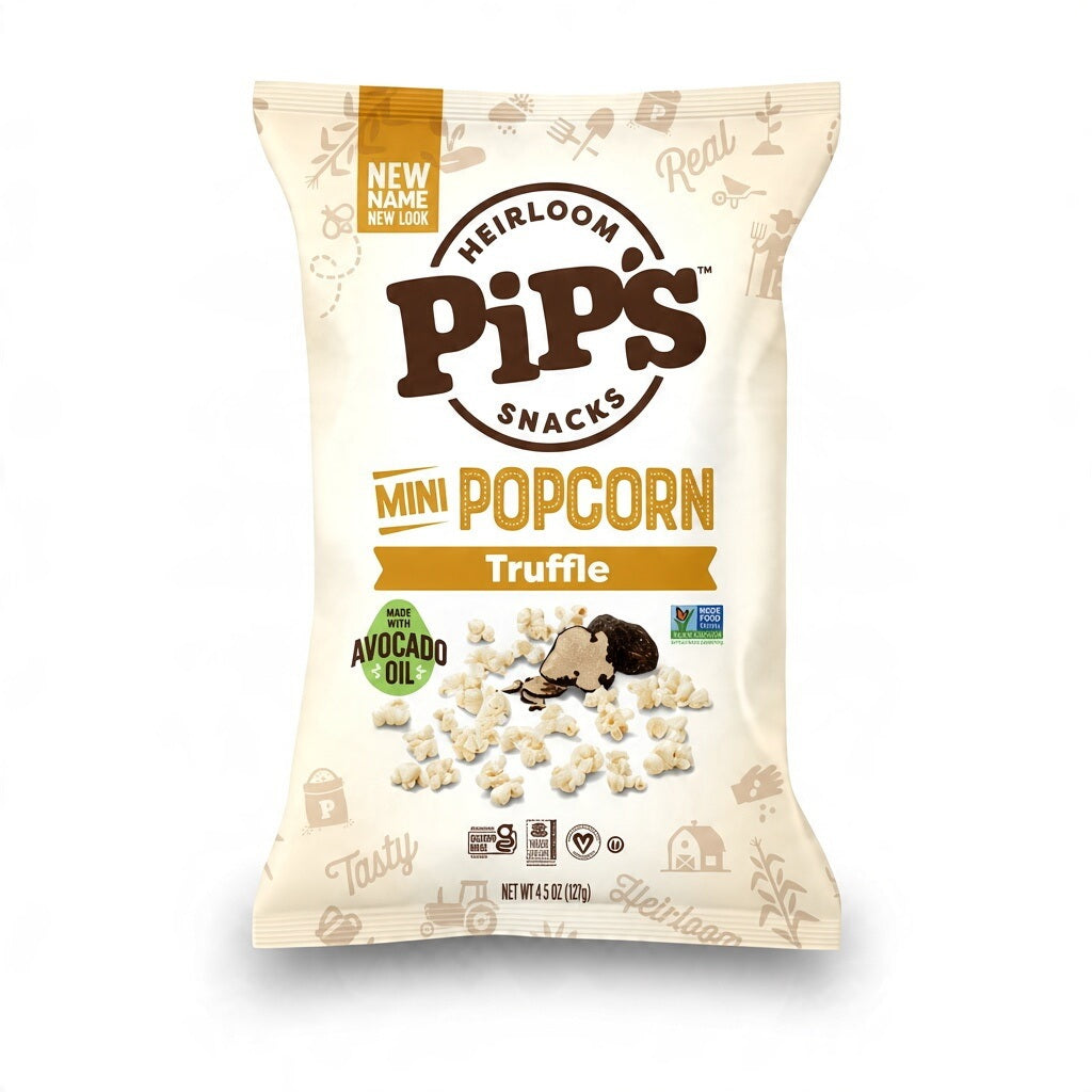 Bag of PIPCORN - TRUFFLE MINI POPCORN featuring an avocado oil label, displayed next to a smaller image of the previous Black Truffle popcorn packaging.