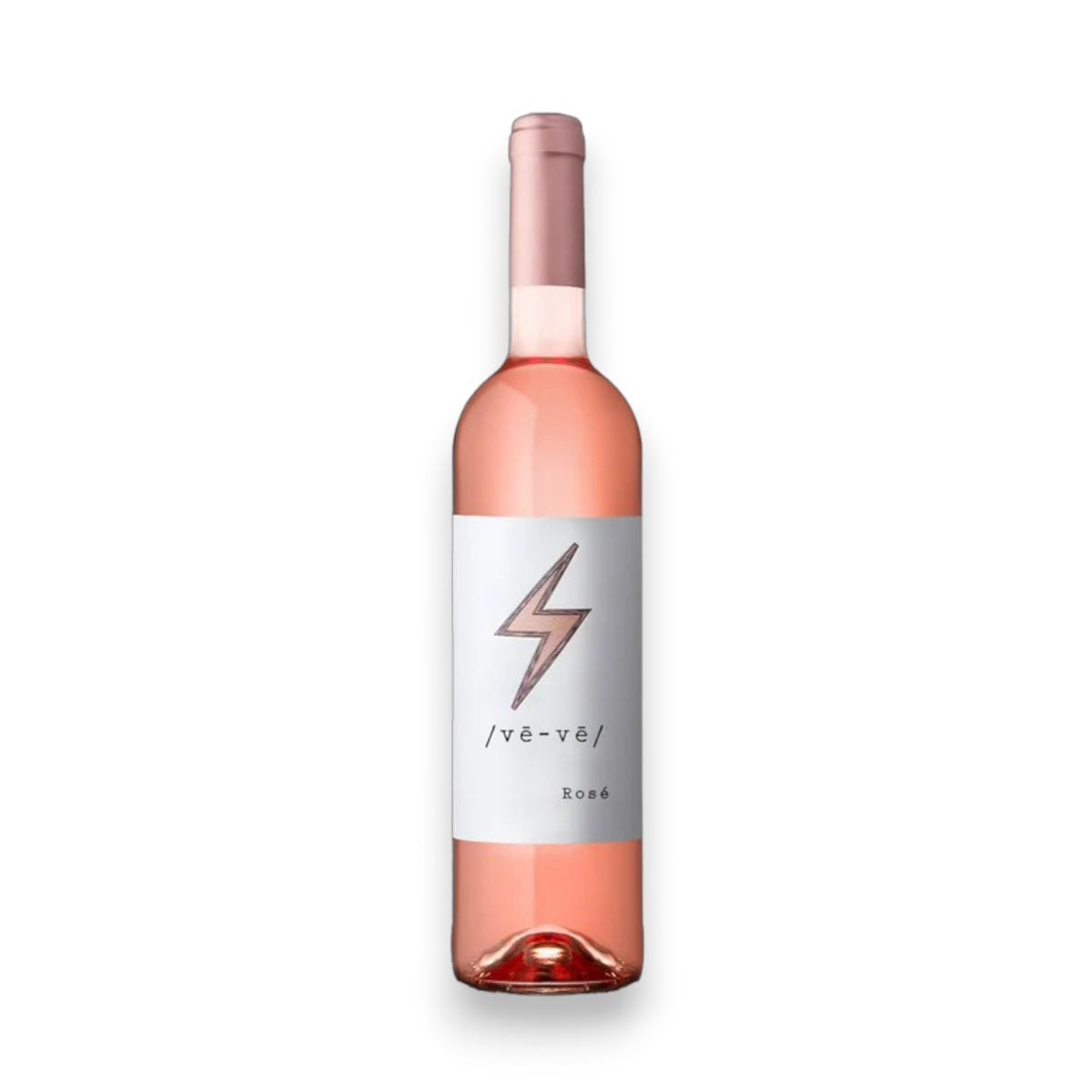 A clear glass bottle of VENTOZELA VE-VE ROSE 2024 by WINE: KELLOGG SELECTIONS, featuring a light pink cap and minimalist "/vē-vē/ Rosé" lightning bolt label, inspired by Vinho Verde. Available for North Carolina shipping.