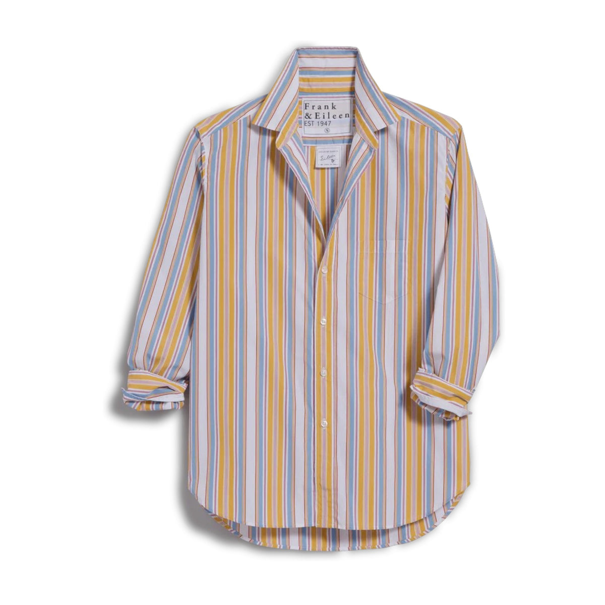 The FRANK &amp; EILEEN EILEEN Relaxed Button Up in Italian cotton stripe features vertical yellow, blue, white, and orange stripes with long sleeves, a left chest pocket, open collar, and rolled-up sleeves for a flattering look.