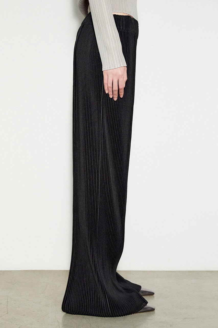 Side view of a person wearing the MEIMEIJ Long Pleated Pant in black, highlighting the elegant texture of pleated fabric. The pants are paired with a light gray, long-sleeved top, and the ensemble&#39;s draping is well highlighted against a plain background and light-colored floor.