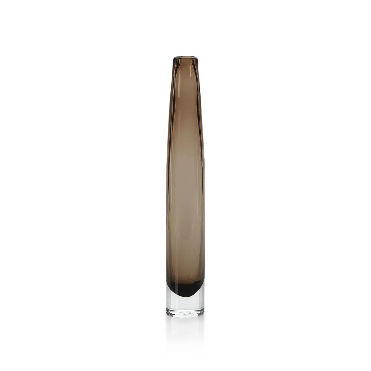 The ZODAX TATE Slim Glass Taupe Vase - Tall features a narrow cylindrical design in smoky brown glass with a clear base, ideal for display on a glass shelf against a plain white background.