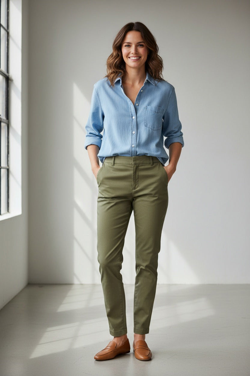 The FRANK &amp; EILEEN Eileen Relaxed Button Up in Famous Denim Classic Wash is a light blue, long-sleeve shirt with bust-flattering buttons, a chest pocket, rolled sleeves, and a curved hem, shown against a white background.