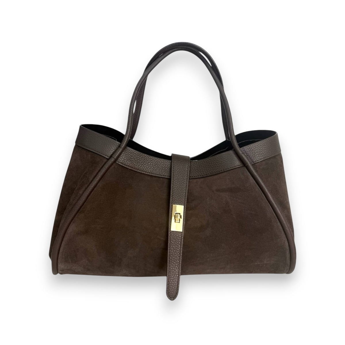 THE PORTICO SUEDE LEATHER HANDBAG IN CHOCOLATE by LE BORSETTE is a luxury structured dark brown suede bag with leather handles, leather trim, and a gold clasp closure, shown on a white background.