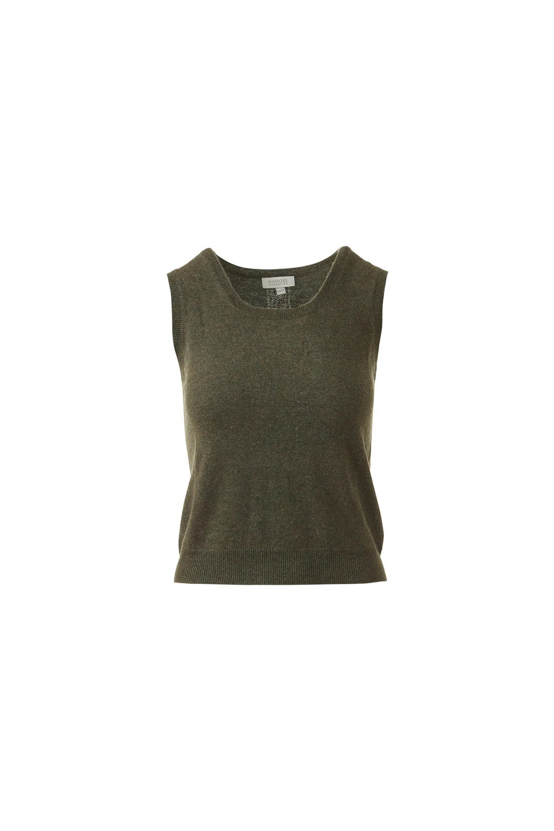 A woman wears the KINROSS CASHMERE - SCOOPNECK TANK IN CASHMERE by KINROSS, sleeveless and dark green, paired with dark blue jeans, as she stands facing forward against a white background with a slight smile.