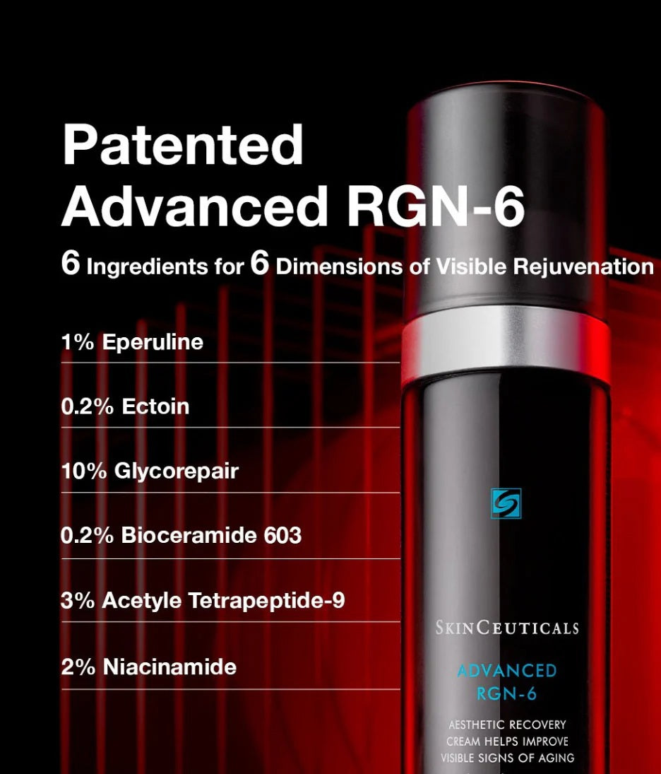 A bottle of SKINCEUTICALS - ADVANCED RGN-6 by SKIN CEUTICALS is displayed on a bold black and red background, highlighting its patented anti-aging formula and six key ingredients for visible skin rejuvenation.