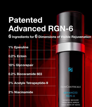 A bottle of SKINCEUTICALS - ADVANCED RGN-6 by SKIN CEUTICALS is displayed on a bold black and red background, highlighting its patented anti-aging formula and six key ingredients for visible skin rejuvenation.