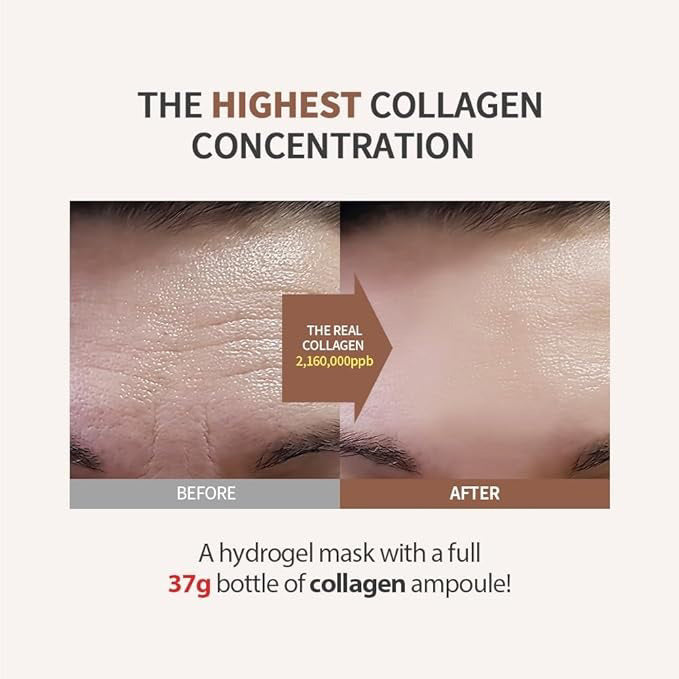 A person holds a SUNGBOON EDITOR - DEEP COLLAGEN LIFTING MASK in their hands against a neutral background. Text next to the mask reads: &quot;+100% agreed that their skin elasticity improved. +100% agreed that their skin felt moisturized. +98% agreed that their wrinkles became less noticeable.