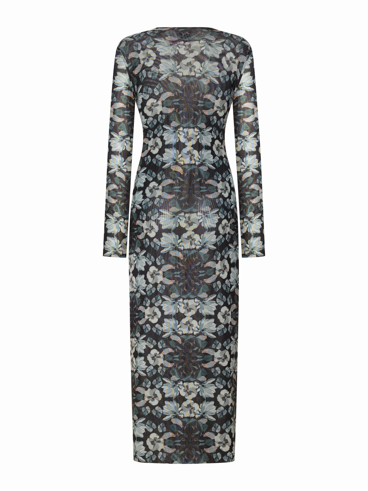The FRANCO FERRARI BALLET MESH MIDI DRESS is a fitted, long-sleeve dress with a high neckline and an intricate gray, white, and muted blue floral print on dark stretch mesh, displayed on a white backdrop.