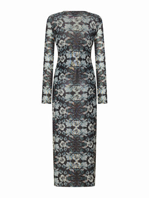 The FRANCO FERRARI BALLET MESH MIDI DRESS is a fitted, long-sleeve dress with a high neckline and an intricate gray, white, and muted blue floral print on dark stretch mesh, displayed on a white backdrop.