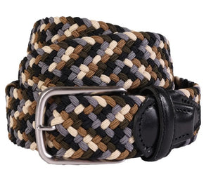 The WIGENS Signature Woven Belt features a braided pattern in grey, browns, and black with a silver buckle plus black Italian leather tip and loop for classic men’s style.