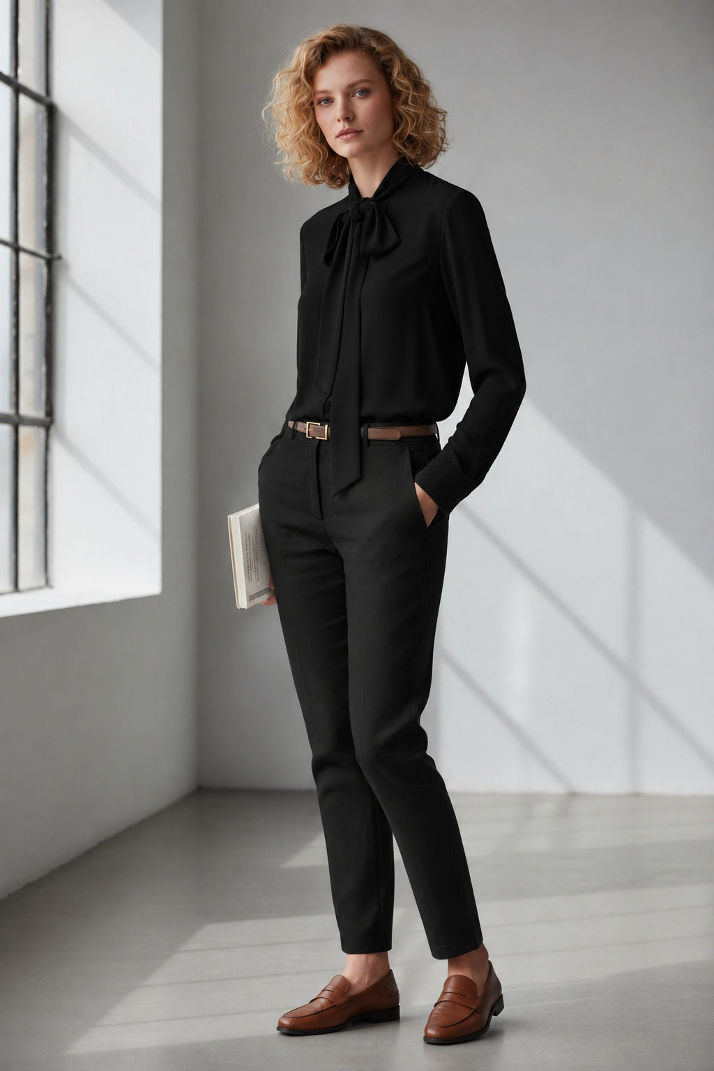A woman with curly blonde hair stands indoors near a window, wearing the SEVENTY VENEZIA Tie Neck Blouse in Black by SEVENTY, paired with black pants, a chocolate-brown belt, brown loafers, and holding a book.