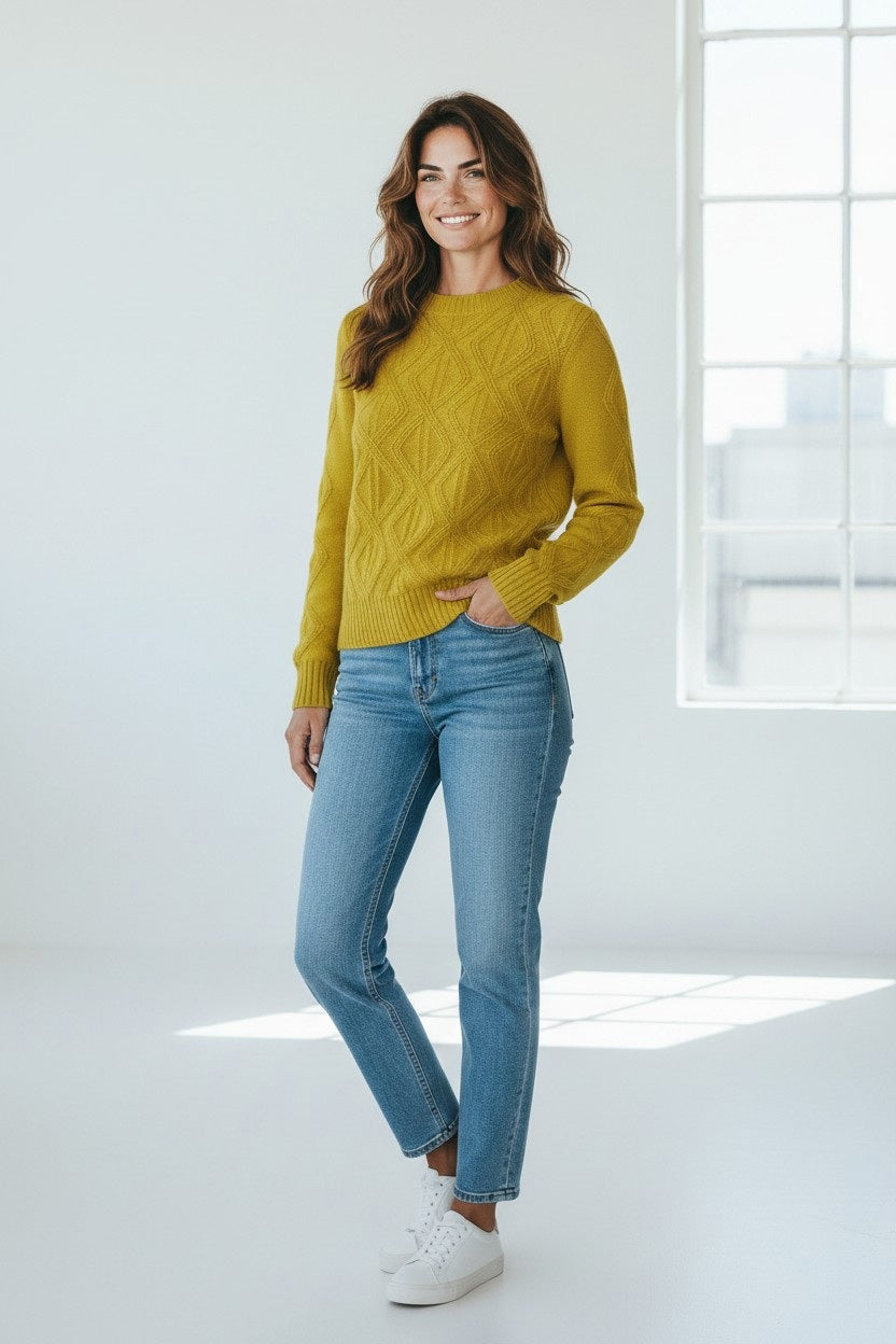 A woman stands in a sunlit room, smiling with one hand in her pocket, wearing the KINROSS CASHMERE Diamond Cable Crew Neck Sweater in Citrine by KINROSS, paired with blue jeans and white sneakers. Sunlight pours in through a large window, brightening the space.