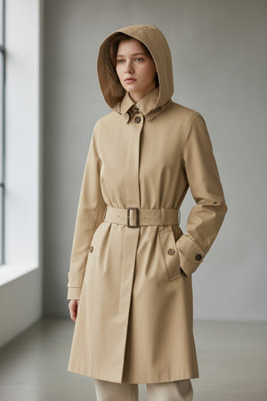 The SAVE THE DUCK - JACKIE RAINCOAT is a beige, knee-length raincoat with a hood, belted waist, long sleeves, and buttoned cuffs, made from recycled polyester by SAVE THE DUCK. Shown on a white background.