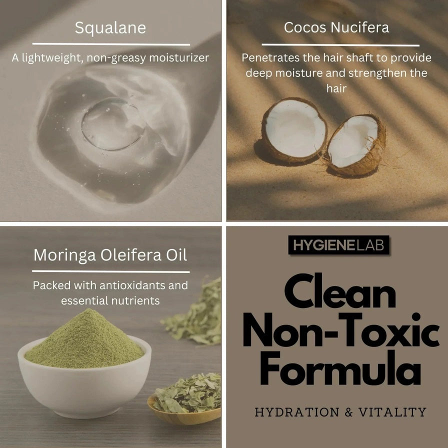 Four panels display squalane liquid, coconut halves, moringa powder, and fresh leaves—showcasing the nourishing ingredients in HYGIENELAB - CONDITIONER, UNSCENTED by HYGIENELAB. The text highlights natural benefits for hair and skin. In the bottom right panel: “Clean Non-Toxic Formula. Hydration & Vitality.”.