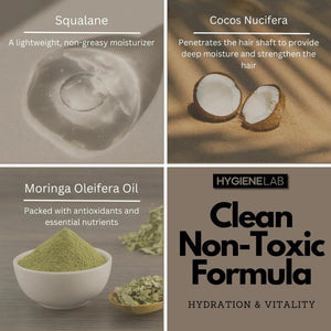 Four panels display squalane liquid, coconut halves, moringa powder, and fresh leaves—showcasing the nourishing ingredients in HYGIENELAB - CONDITIONER, UNSCENTED by HYGIENELAB. The text highlights natural benefits for hair and skin. In the bottom right panel: “Clean Non-Toxic Formula. Hydration & Vitality.”.