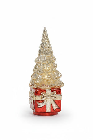 A ZODAX LED ROTATING TREE ON PRESENT, featuring a decorative glass Christmas tree with a light-up finish, sits atop a red gift box base accented with a gold ribbon.