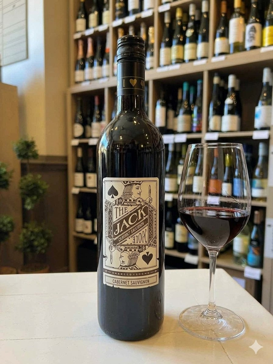 A dark glass wine bottle with a black screw cap and a vintage-style label that reads “THE JACK.” The label features playing card motifs and ornate text, reflecting classic Walla Walla craftsmanship. This Washington wine, SAVIAH ‘THE JACK’ CABERNET 2022 from Ocean South Imports, is an elegant Cabernet Sauvignon perfect for any occasion.