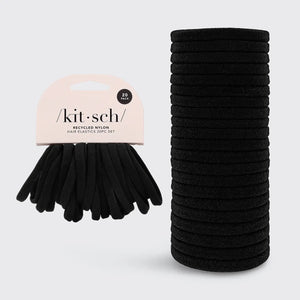 A 20-pack of KITSCH's eco-friendly nylon hair elastics, made from recycled materials, provides all-day hold. The minimalist packaging has a light background with "KITSCH" elegantly printed.