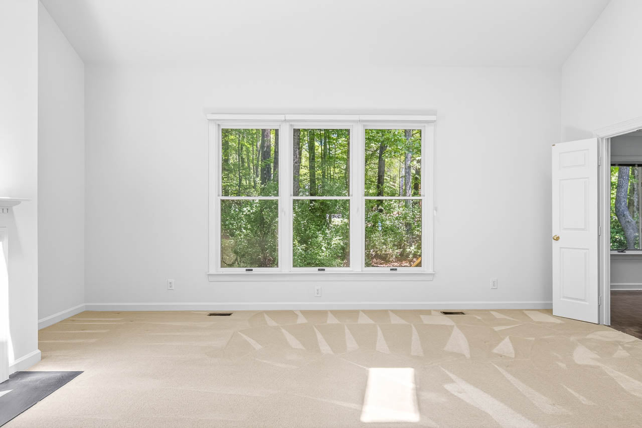 A bright, empty room with white walls, beige carpet, and a large window showing green trees outside. An open white door is on the right wall, letting in natural light.