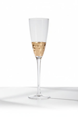 A collection of six 260 ml FEZ CUT GLASS CHAMPAGNE FLUTE WITH GOLD LEAF vessels, including various drinking glasses and a decorative bottle, each featuring a textured gold-leaf honeycomb pattern at the base.