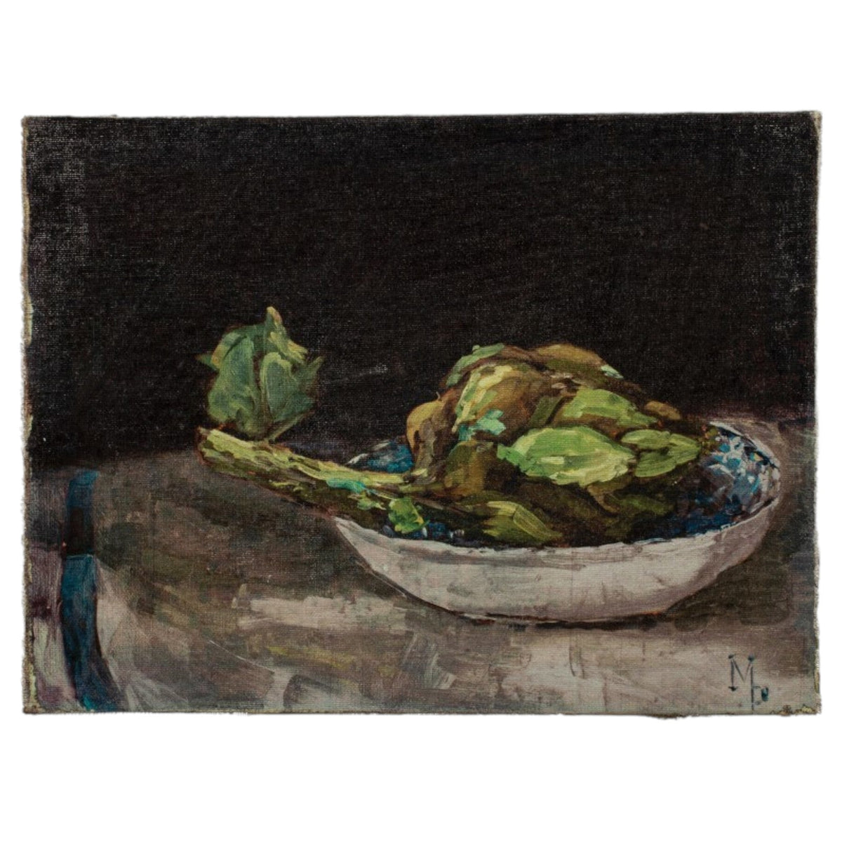VEGETABLE STILL LIFE ON CANVAS by CREATIVE COOP features three carrots with leafy tops in a white and blue ceramic bowl on a light surface—ideal rustic kitchen artwork or charming farmhouse wall décor.