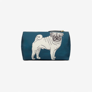 The INOUI EDITIONS TOUTOU NYLON CASE SMALL by INOUI is a blue zippered pouch made from recycled polyester, featuring illustrations of a corgi and a pomeranian, both sitting and facing forward.