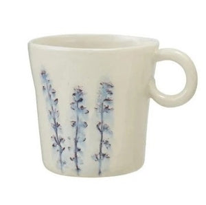 Four white HAND-PAINTED STONEWARE MUGS WITH BOTANICAL DESIGN from CREATIVE COOP are lined up side by side, each featuring unique flower and leaf illustrations and a comfortable round handle to brighten your morning routine.