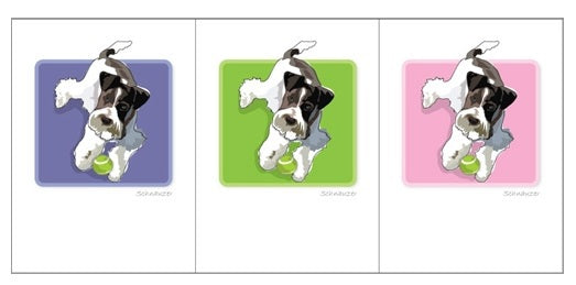 PAPER RUSSELLS - SCHNAUZER WITH TENNIS BALL BOX NOTES: Features a black and white schnauzer with a green tennis ball on a purple background, matted in black. Made in the USA on recycled paper cards.