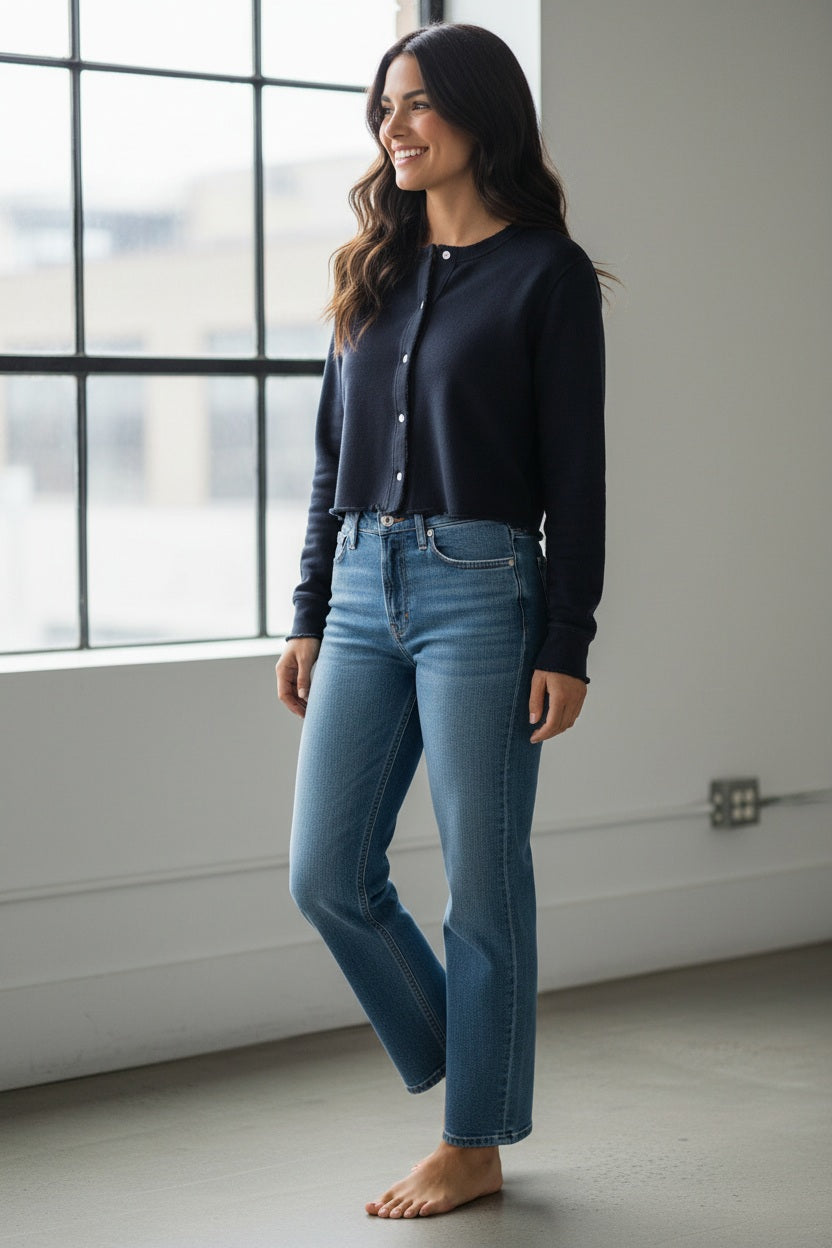 A woman with light brown hair stands outdoors by the beach, wearing FRANK &amp; EILEEN’s JACKIE Sweatshirt Cardigan in British Royal Navy and blue jeans. She gazes into the distance with a relaxed expression; the background is softly blurred.