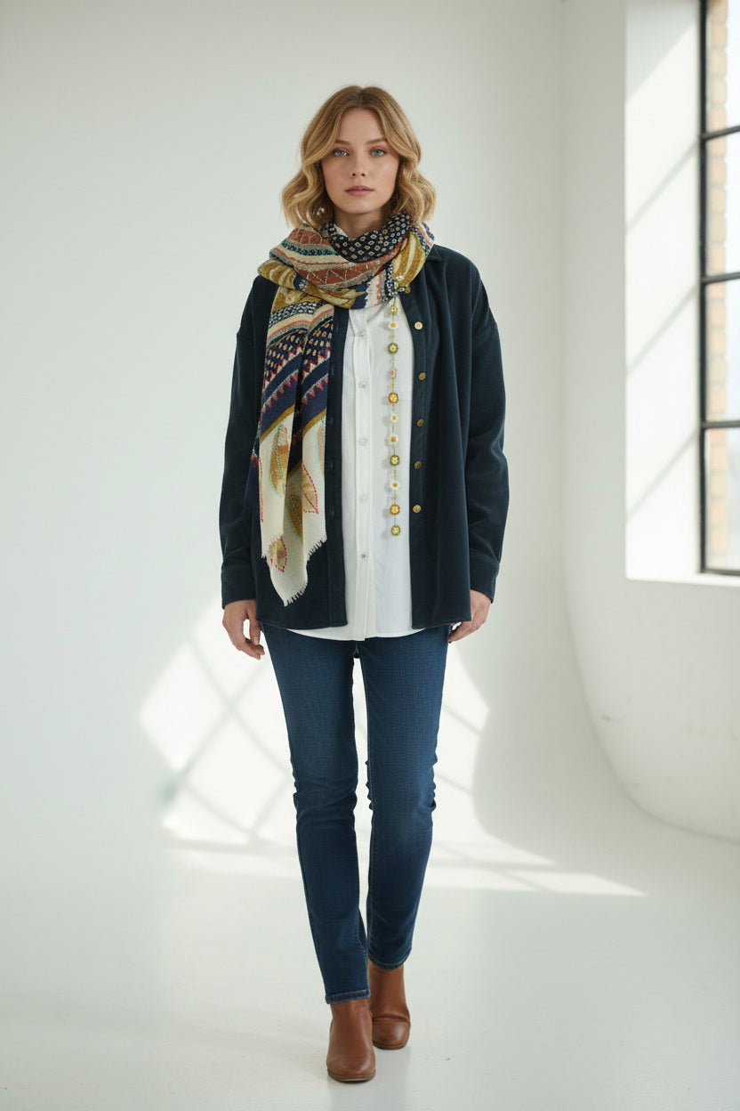 The STORIATIPIC ATHENA Wool Scarf with Embroidery in Marine features a harmonious mix of navy, yellow, and red hues with geometric and circular patterns. Loosely knotted with frayed edges, this patterned accessory by STORIATIPIC is showcased against a white background.