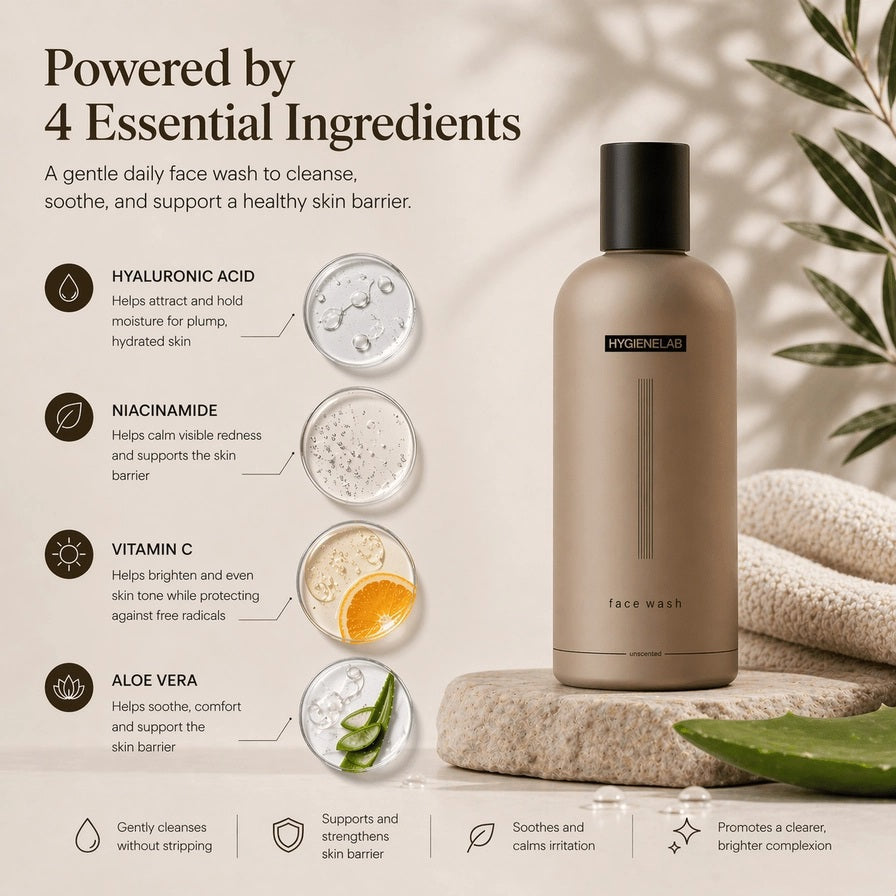 A person dispenses HYGIENELAB - FACE WASH, UNSCENTED from a brown bottle onto their open palm against a neutral background.