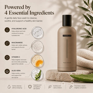 A person dispenses HYGIENELAB - FACE WASH, UNSCENTED from a brown bottle onto their open palm against a neutral background.