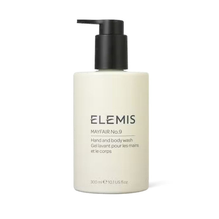 The ELEMIS - STEINER ELEMIS Mayfair No. 9 Hand and Body Wash comes in a white, recyclable bottle with a black pump dispenser. The label features bilingual text in English and French and specifies the size as 300 ml or 10.1 US fl. oz. This biodegradable formula is photographed against a plain white background.
