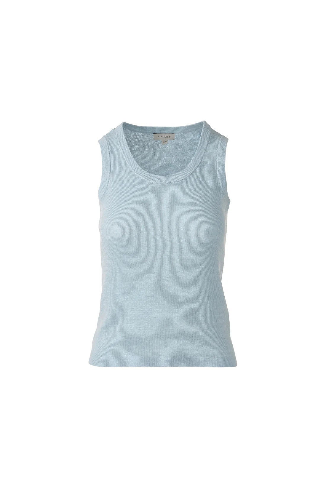 The KINROSS CASHMERE Rib Linen Tank by KINROSS is a sleeveless, ribbed knit top in light mauve/dusty pink, made from 100% linen. It features a round neckline and a slightly fitted shape, shown on a white background.