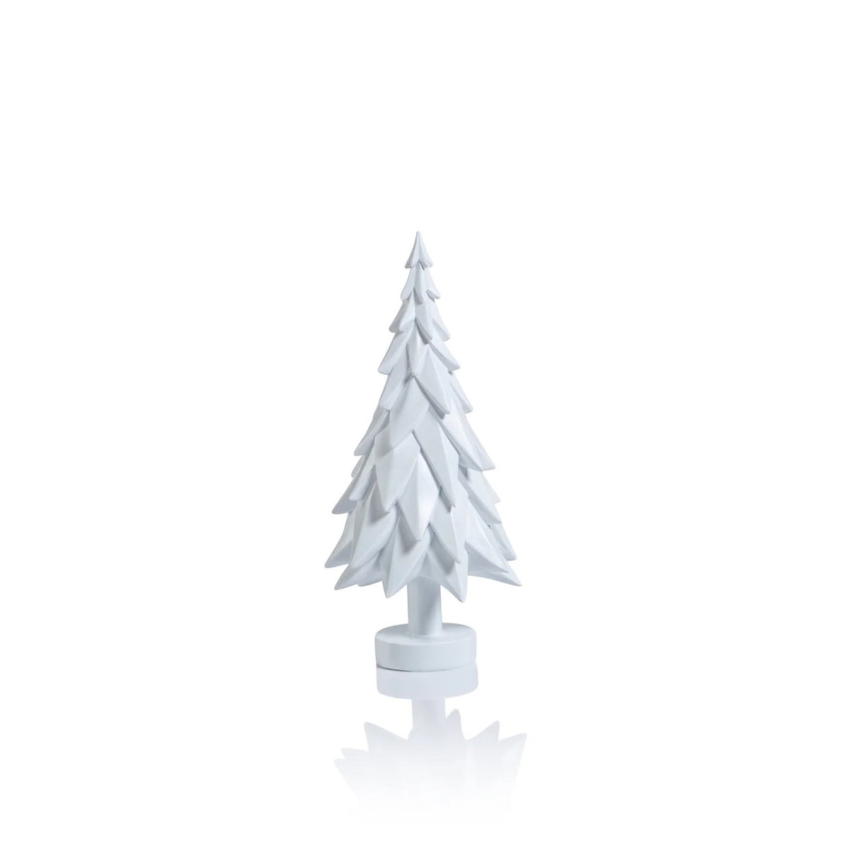 The ZODAX MATTE WHITE DECORATIVE TREE - SMALL is a minimalist resin sculpture featuring layered, geometric branches and a round base, showcased against a plain white background.
